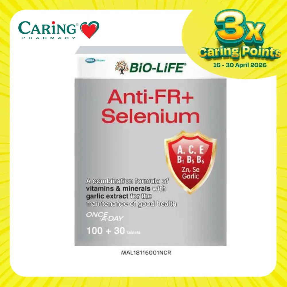 Bio-Life Anti-FR Plus Selenium tablets in a box with a silver design and health benefits listed