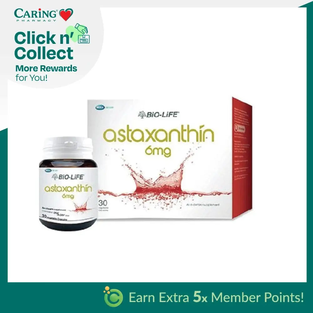 BIO-LIFE Astaxanthin supplement 6mg in a bottle with 30 capsules for antioxidant support