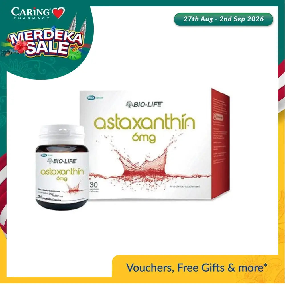 BIO-LIFE Astaxanthin supplement 6mg in a bottle with 30 capsules for antioxidant support
