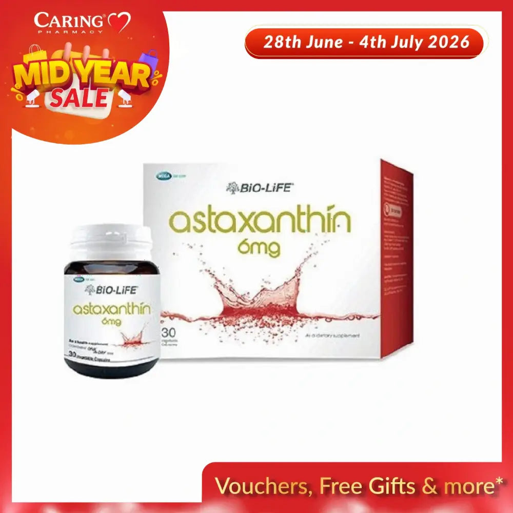 BIO-LIFE Astaxanthin supplement 6mg in a bottle with 30 capsules for antioxidant support