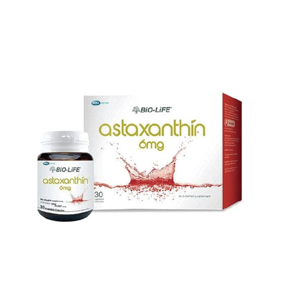 BIO-LIFE Astaxanthin supplement 6mg in a bottle with 30 capsules for antioxidant support