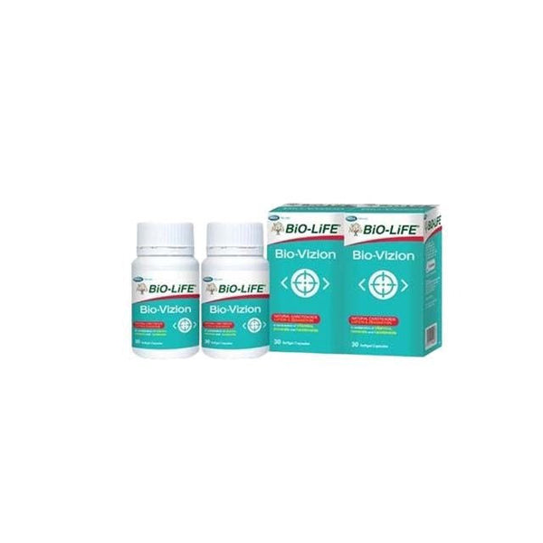 Bio-Life Bio-Vizion eye supplement bottles and packaging with 30 softgels for eye health support