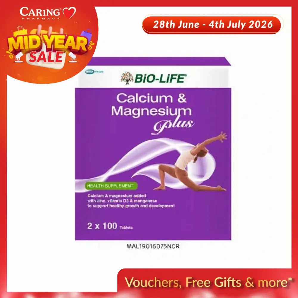 BIO-LIFE Calcium and Magnesium tablets in a purple box to support healthy growth and development
