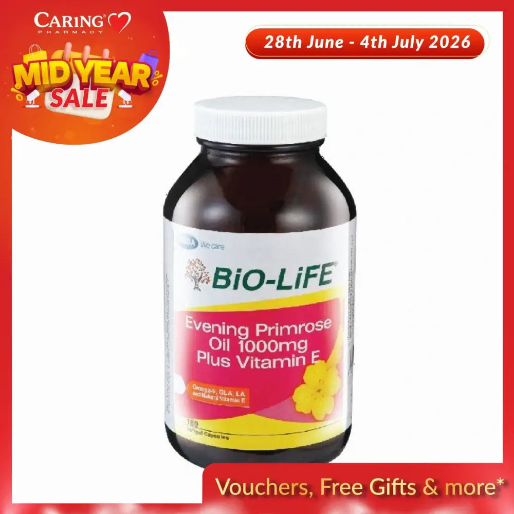 BIO-LIFE Evening Primrose Oil 1000mg with Vitamin E in a brown bottle for health support