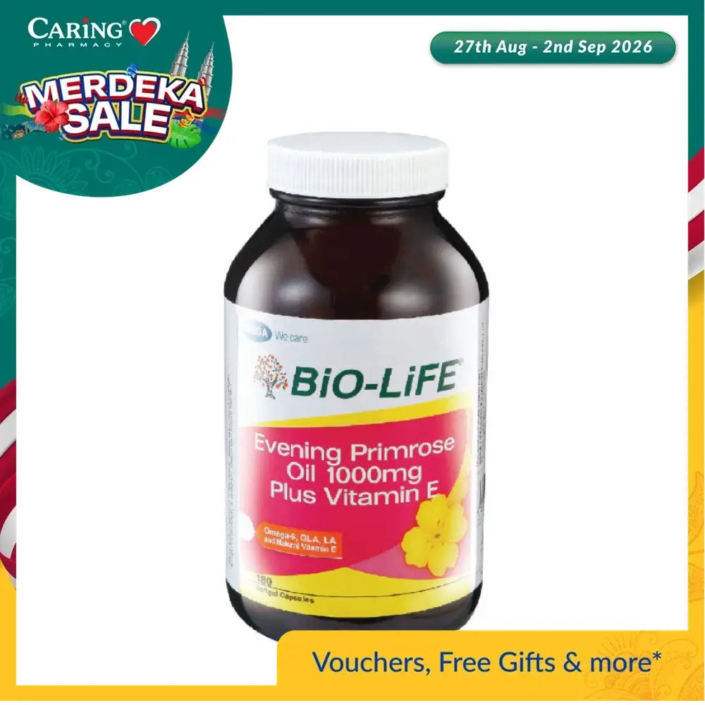 BIO-LIFE Evening Primrose Oil 1000mg with Vitamin E in a brown bottle for health support