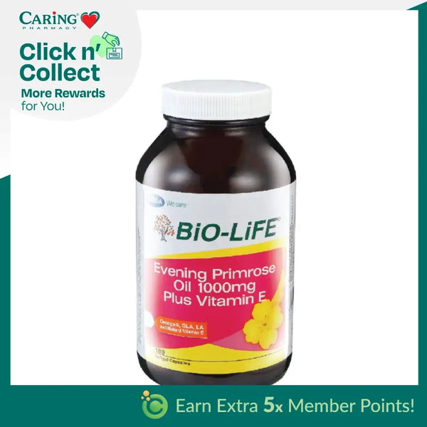 BIO-LIFE Evening Primrose Oil 1000mg with Vitamin E in a brown bottle for health support