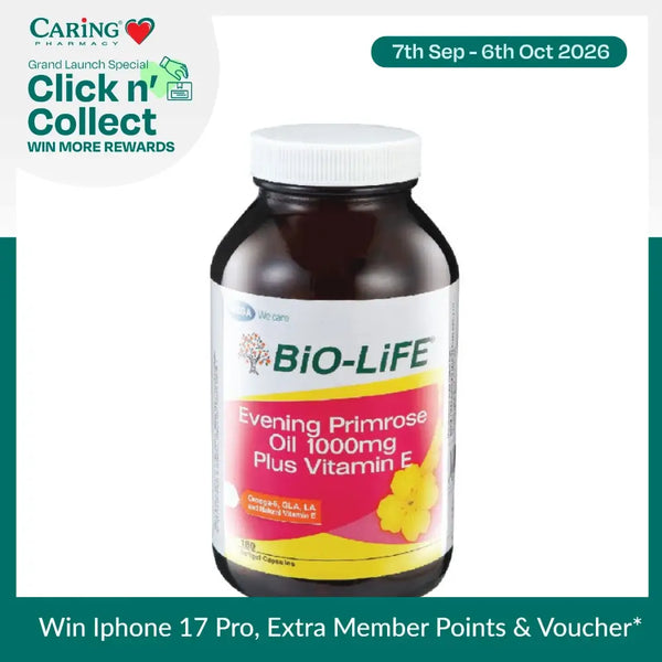 BIO-LIFE Evening Primrose Oil 1000mg with Vitamin E in a brown bottle for health support
