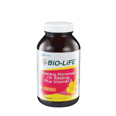 BIO-LIFE Evening Primrose Oil 1000mg with Vitamin E in a brown bottle for health support