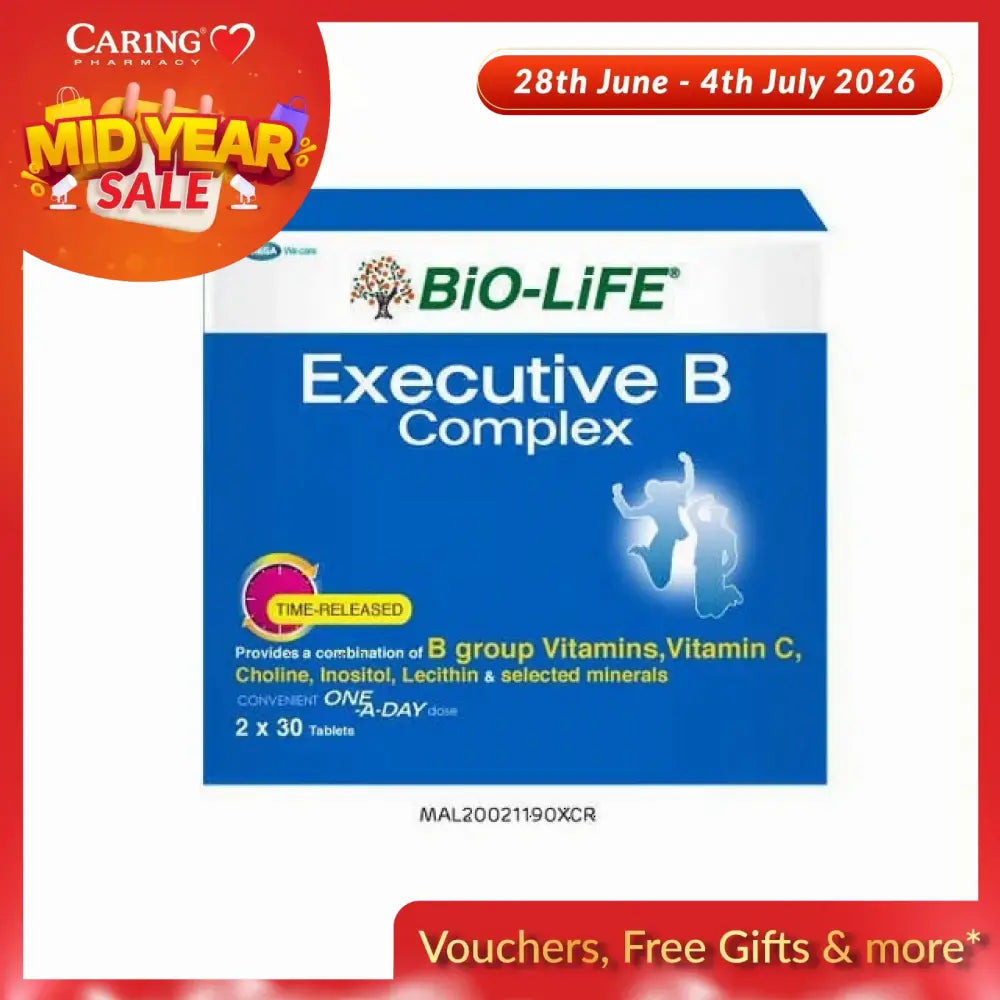 Bio-Life Executive B Complex tablets in a blue box with time-released formula for daily vitamin support
