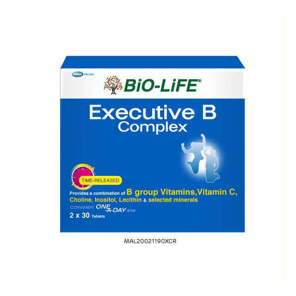 Bio-Life Executive B Complex tablets in a blue box with time-released formula for daily vitamin support