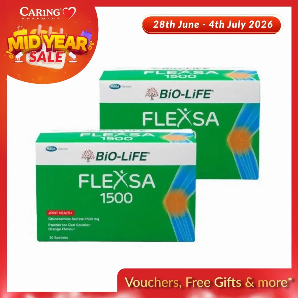 Bio-Life Flexsa Glucosamine 1500mg joint health powder in orange flavor, 30 sachets per box