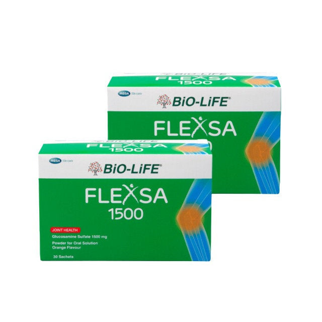Bio-Life Flexsa Glucosamine 1500mg joint health powder in orange flavor, 30 sachets per box