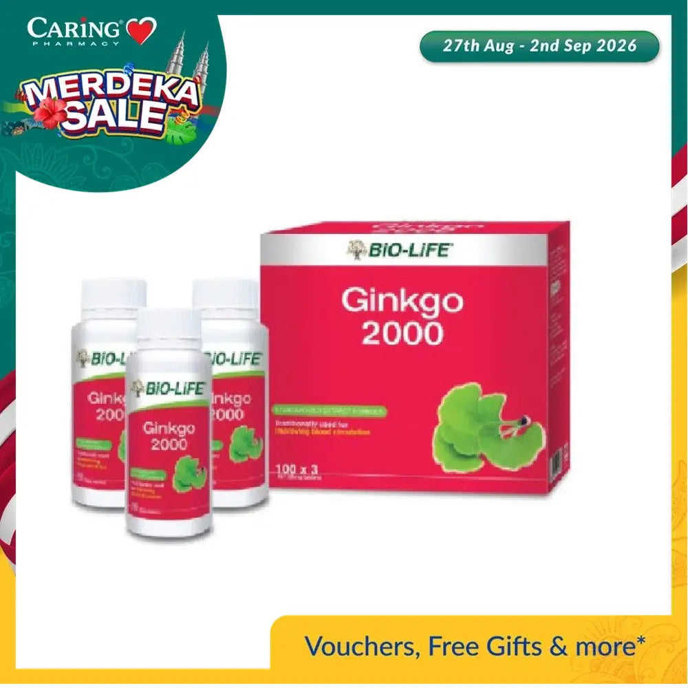 Bio-Life Ginkgo 2000 tablets in a red box with three bottles for cognitive health support