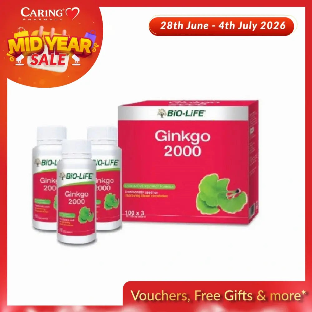 Bio-Life Ginkgo 2000 tablets in a red box with three bottles for cognitive health support