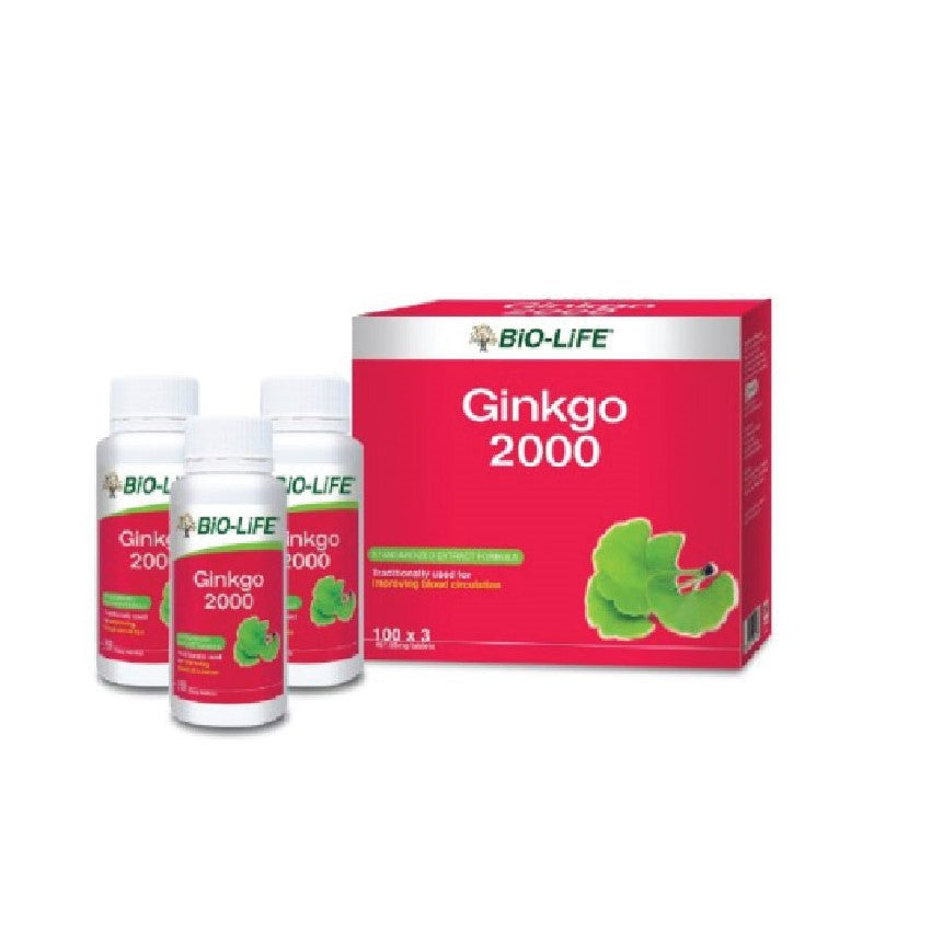 Bio-Life Ginkgo 2000 tablets in a red box with three bottles for cognitive health support
