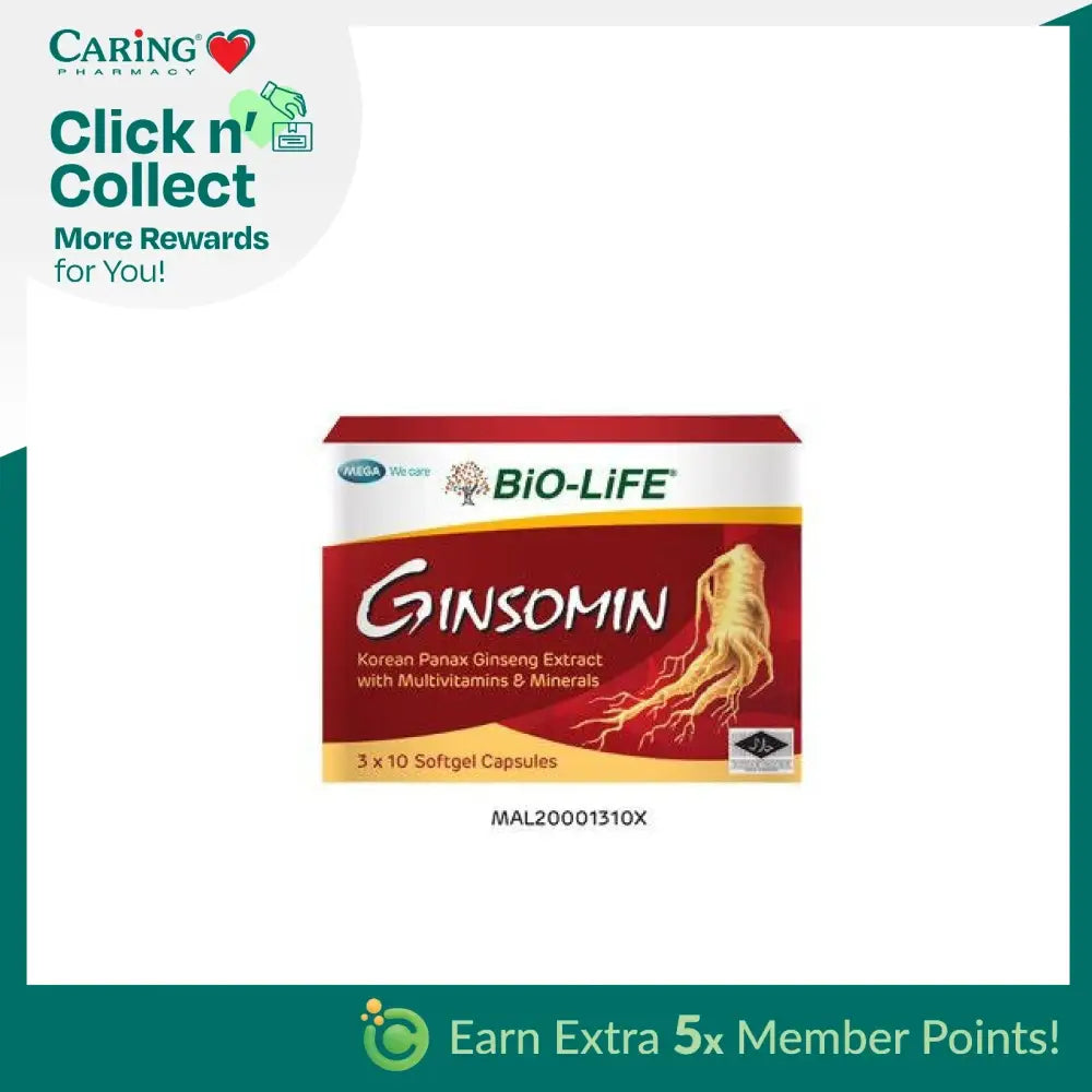 Bio-Life Ginsomin softgel capsules with Korean Panax ginseng extract and essential multivitamins