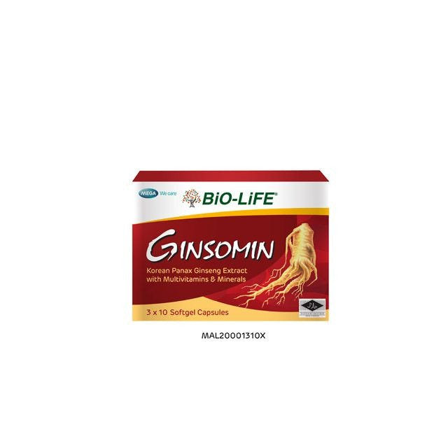 Bio-Life Ginsomin softgel capsules with Korean Panax ginseng extract and essential multivitamins