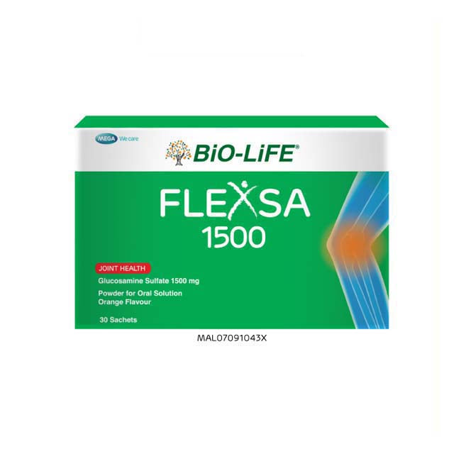 BIO-LIFE FLEXA 1500 Glucosamine Sulfate 1500mg supplement packaged in an orange-flavored powder box