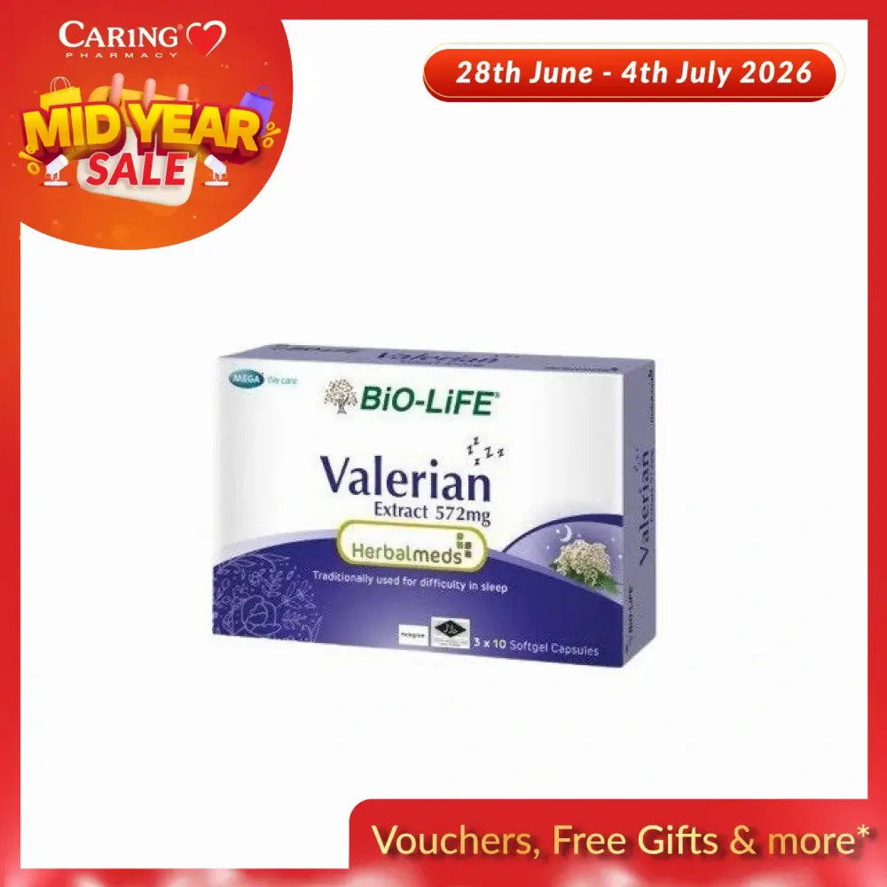 BIO-LIFE Valerian Sleep Supplement Malaysia with 572mg extract in softgel form for promoting restful sleep