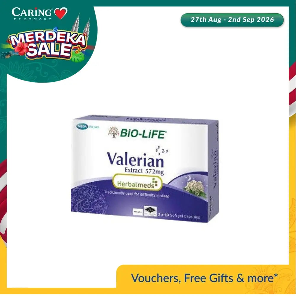 BIO-LIFE Valerian Sleep Supplement Malaysia with 572mg extract in softgel form for promoting restful sleep