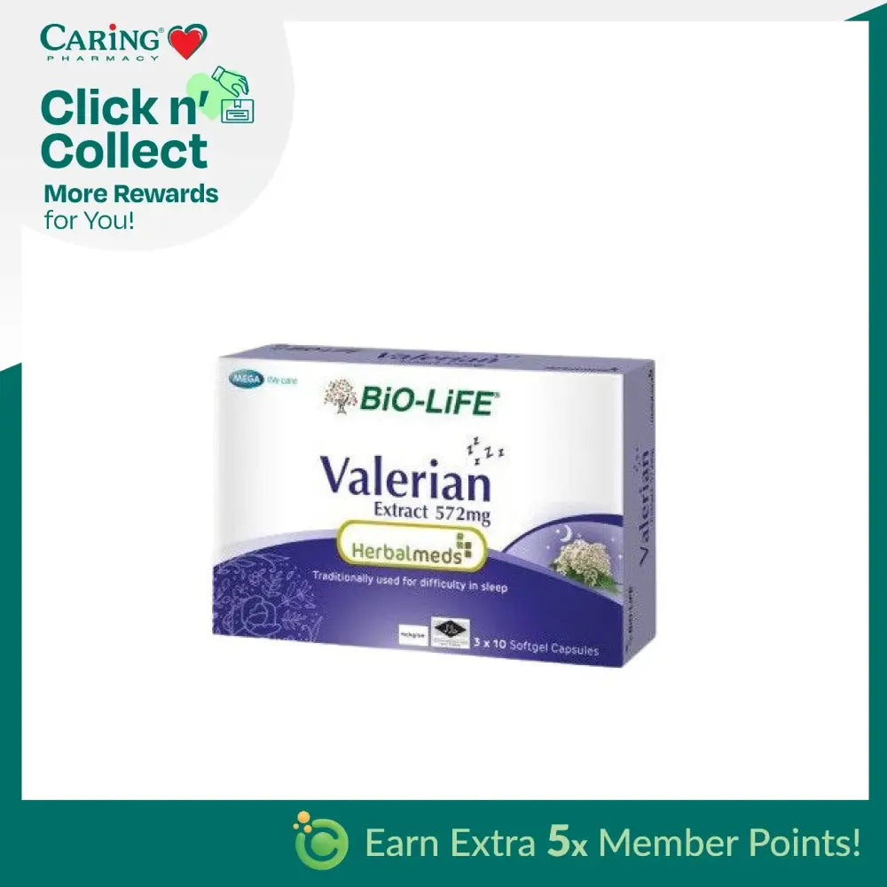 BIO-LIFE Valerian Sleep Supplement Malaysia with 572mg extract in softgel form for promoting restful sleep