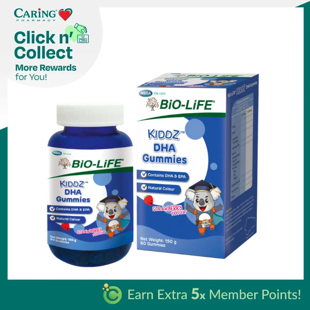 Bio-Life Kiddz DHA Gummies in a blue bottle with cartoon character design for children, 60 gummies total