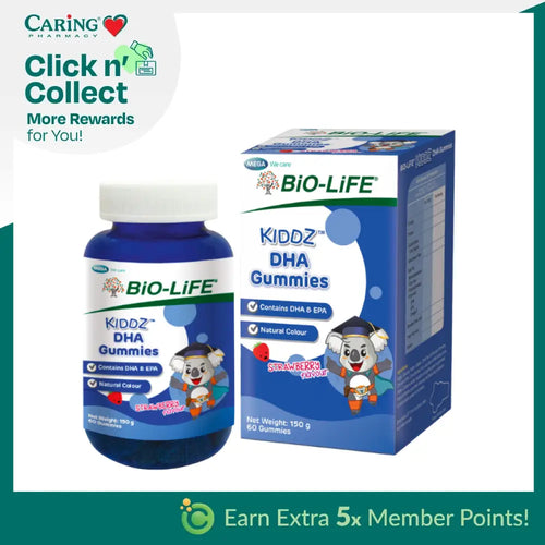 Bio-Life Kiddz DHA Gummies in a blue bottle with cartoon character design for children, 60 gummies total