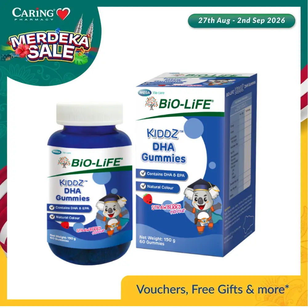 Bio-Life Kiddz DHA Gummies in a blue bottle with cartoon character design for children, 60 gummies total