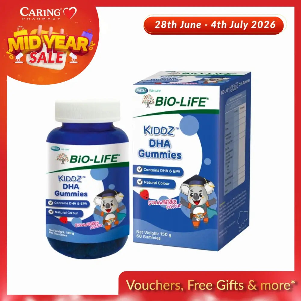 Bio-Life Kiddz DHA Gummies in a blue bottle with cartoon character design for children, 60 gummies total