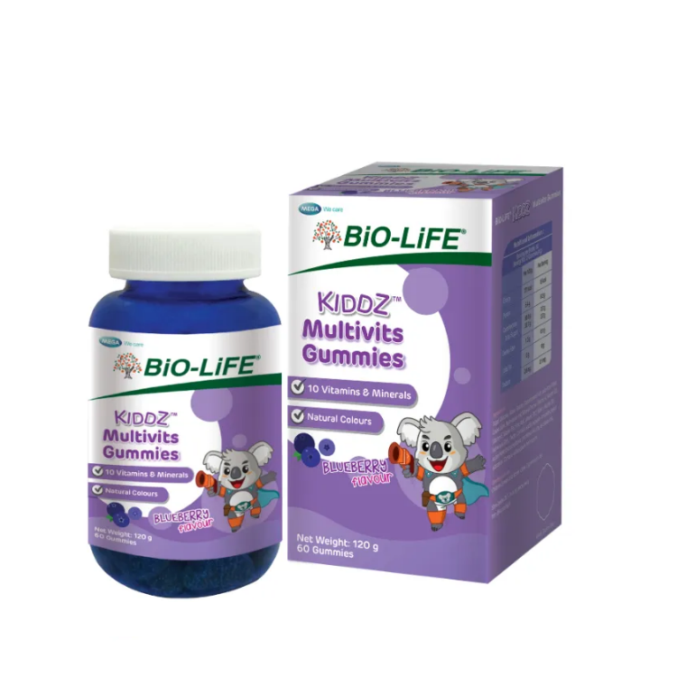Bio-Life Kiddz Multivits Gummies with 10 vitamins and minerals in blueberry flavor for children's health