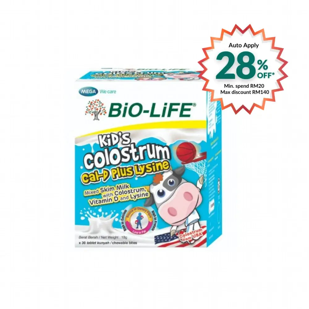 BIO-LIFE Kids Colostrum Chewable Tablets in a colorful box featuring a cow and sports theme