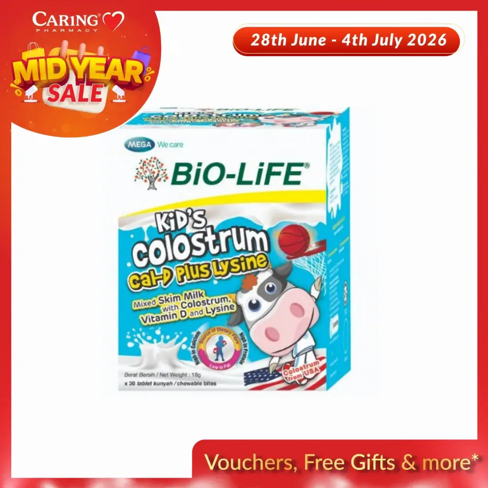 BIO-LIFE Kids Colostrum Chewable Tablets in a colorful box featuring a cow and sports theme
