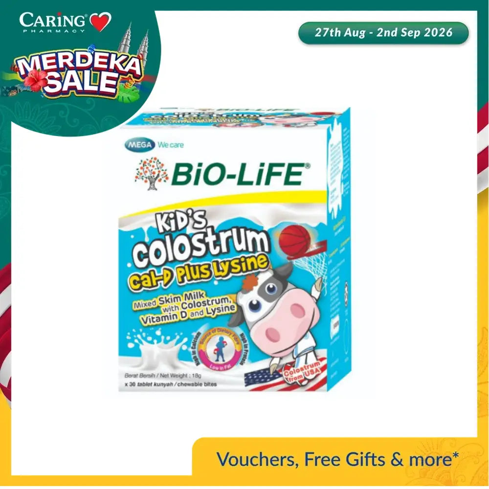 BIO-LIFE Kids Colostrum Chewable Tablets in a colorful box featuring a cow and sports theme