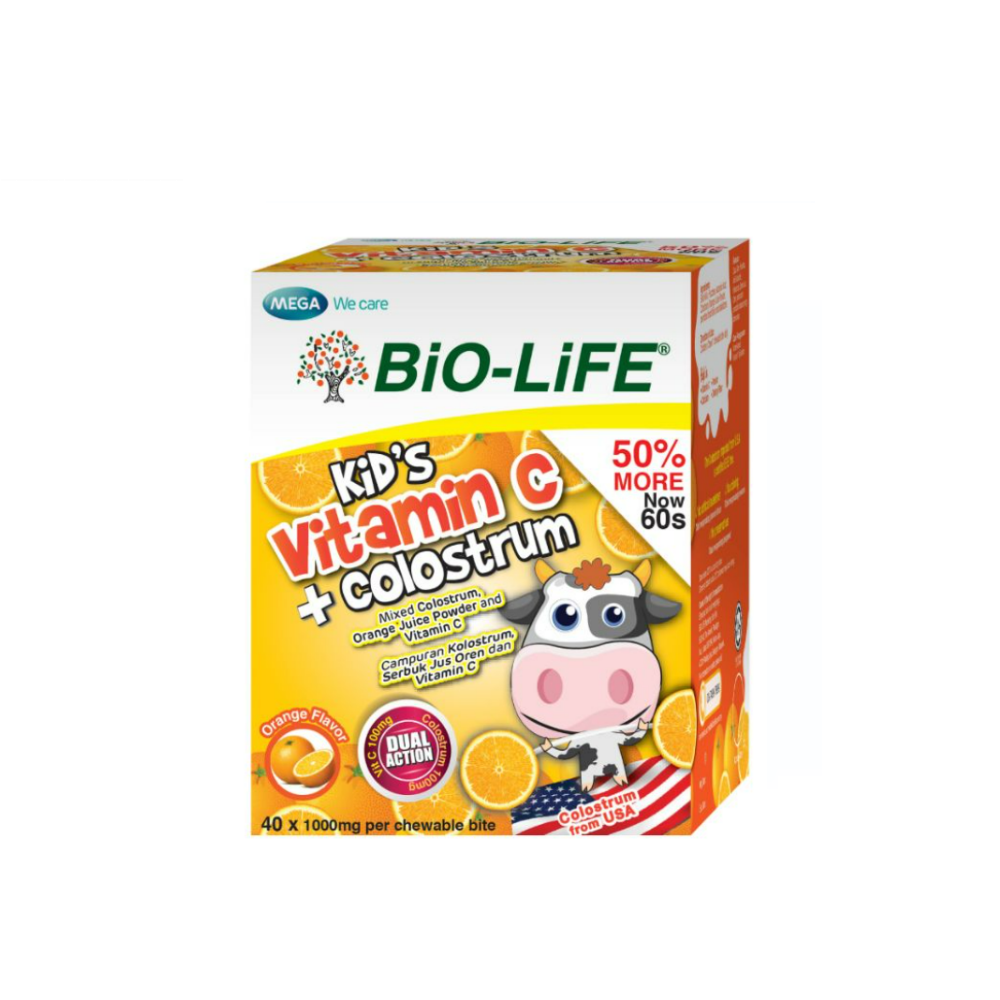 BIO-LIFE Kids Vitamin C with Colostrum Chewable Supplements in Orange Flavor for Immune Support