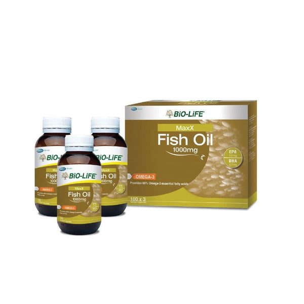 Bio-Life Maxx Fish Oil 1000mg Bottles and Packaging for Omega-3 Essential Fatty Acids