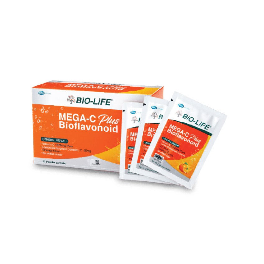 BIO-LIFE Mega-C Plus Bioflavonoid supplement package with individual powder sachets for immune support