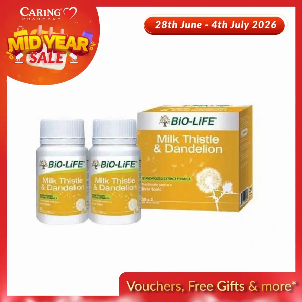 BIO-LIFE Milk Thistle and Dandelion supplement in bottles with a yellow box, promoting liver health.