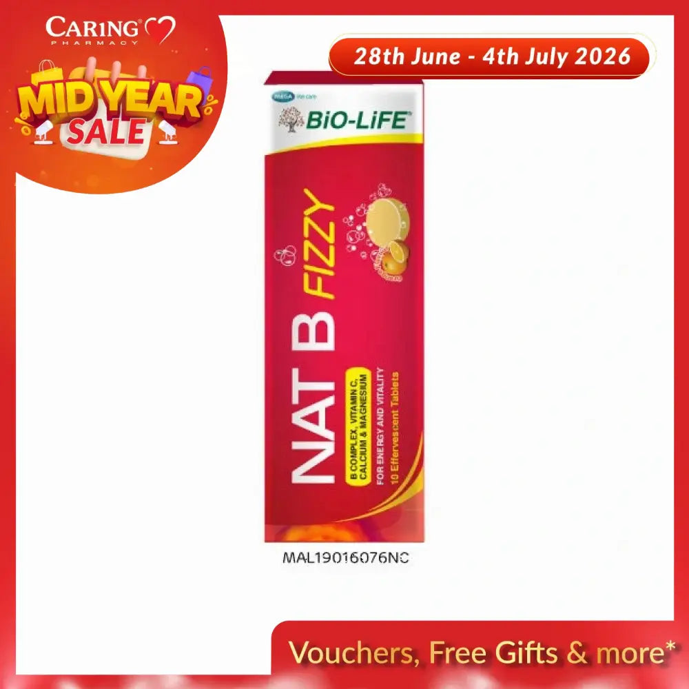 Bio-Life Nat B Fizzy supplement in a bright red box, containing effervescent tablets enriched with vitamin C