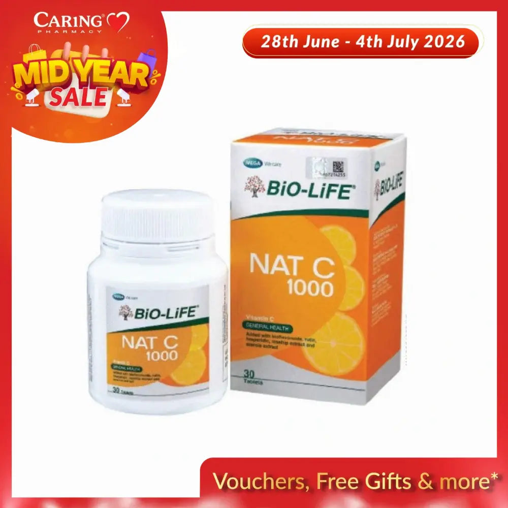 Bio-Life Nat C 1000mg vitamin C tablets in a bottle with citrus fruit design for immune support