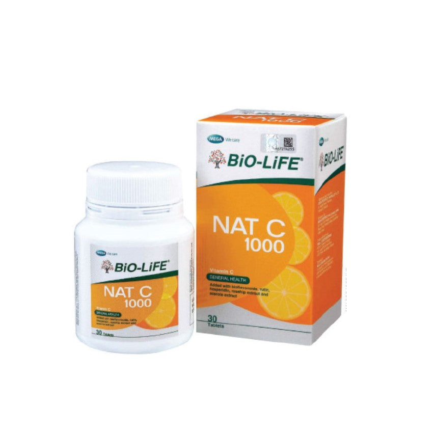 Bio-Life Nat C 1000mg vitamin C tablets in a bottle with citrus fruit design for immune support