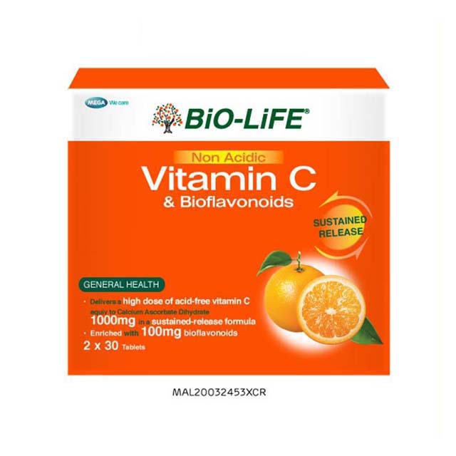 BIO-LIFE Non Acidic Vitamin C Tablets with Bioflavonoids for General Health, 1000mg in a sustainable release formula