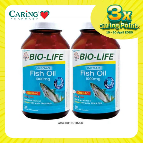Two BIO-LIFE bottles showing Bio-Life Fish Oil 1000mg capsules omega 3 supplement 200 softgels