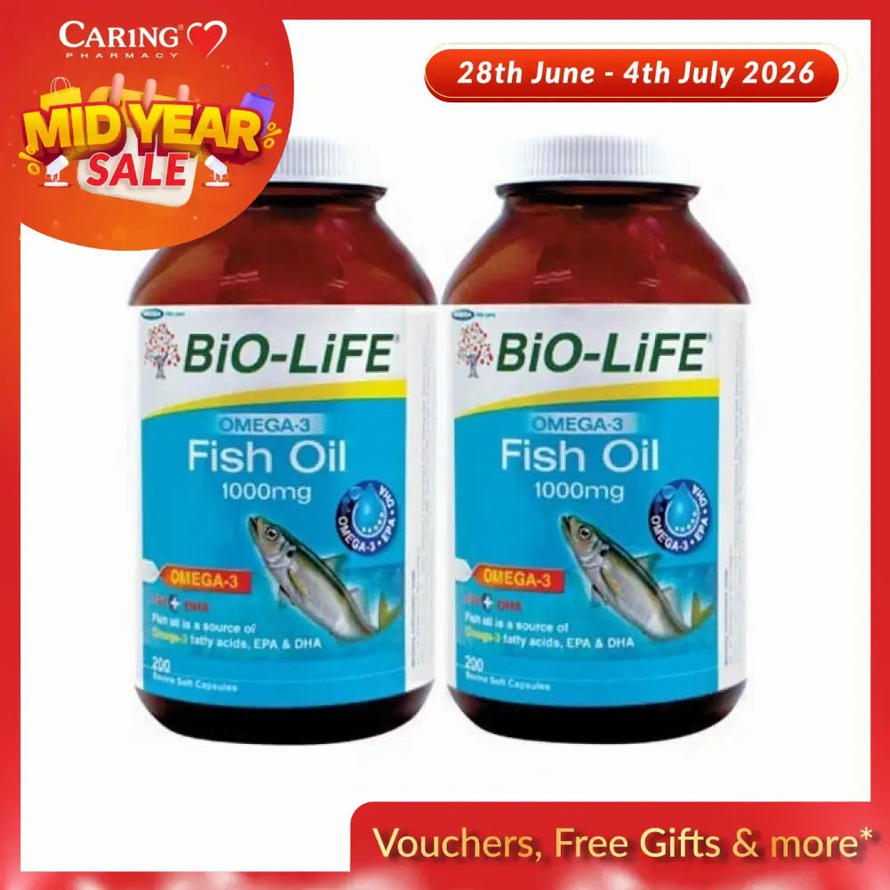 Two BIO-LIFE bottles showing Bio-Life Fish Oil 1000mg capsules omega 3 supplement 200 softgels