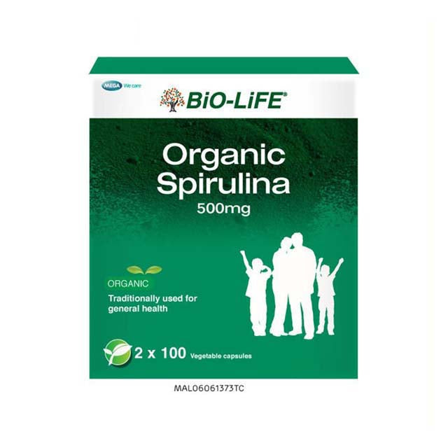 Bio-Life Organic Spirulina capsules 500mg in a green box for general health benefits