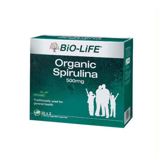BIO-LIFE Organic Spirulina Capsules 500mg for general health support in a green box