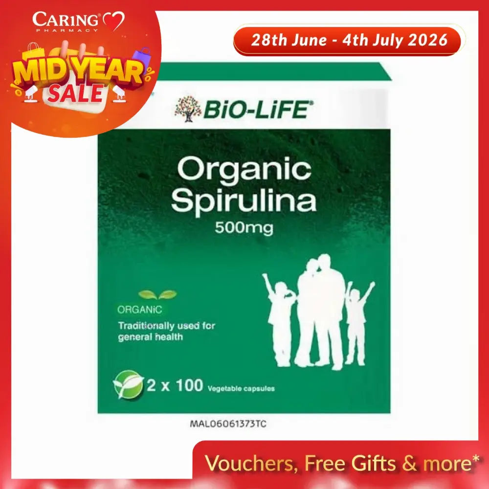 Bio-Life Organic Spirulina capsules 500mg in a green box for general health benefits