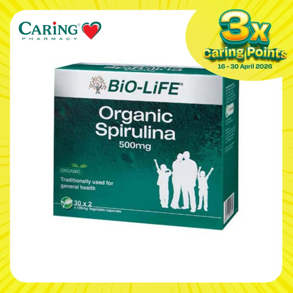BIO-LIFE Organic Spirulina Capsules 500mg for general health support in a green box
