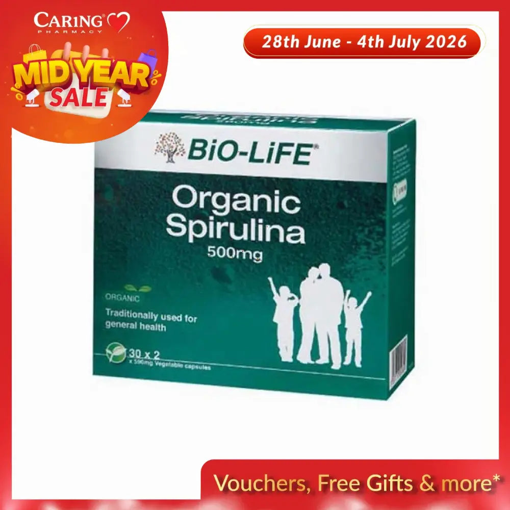 BIO-LIFE Organic Spirulina Capsules 500mg for general health support in a green box