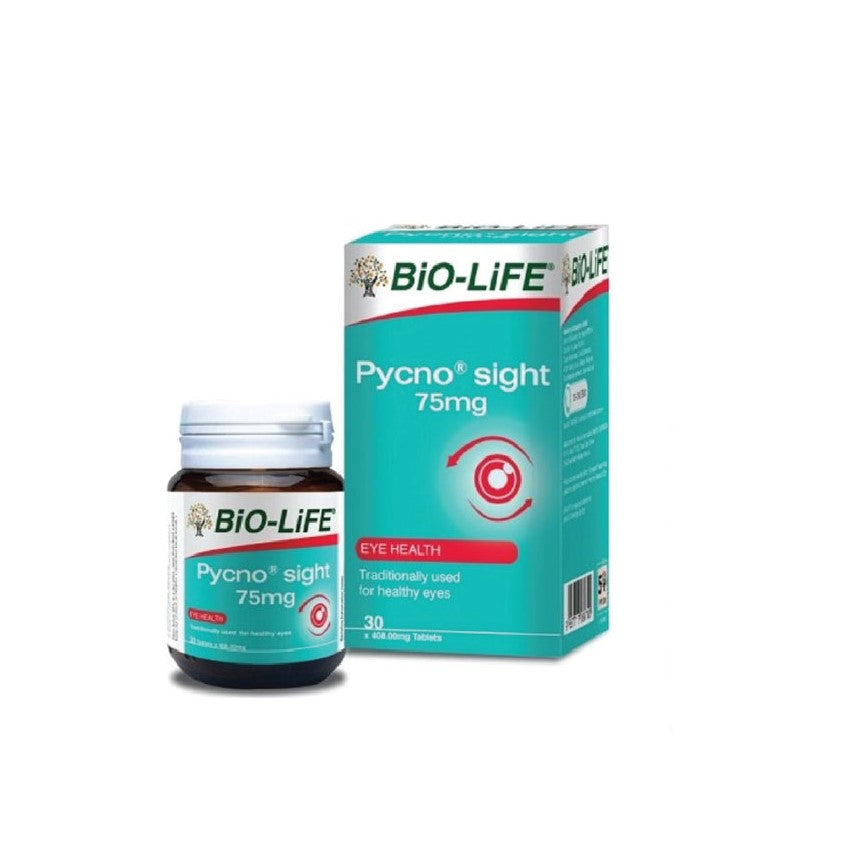 Bio-Life Pycnosight 75mg for eye health in a bottle and box packaging with health benefits