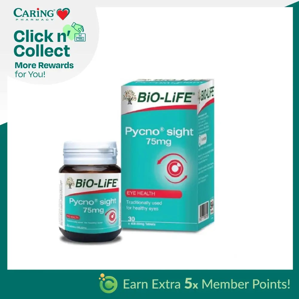 Bio-Life Pycnosight 75mg for eye health in a bottle and box packaging with health benefits